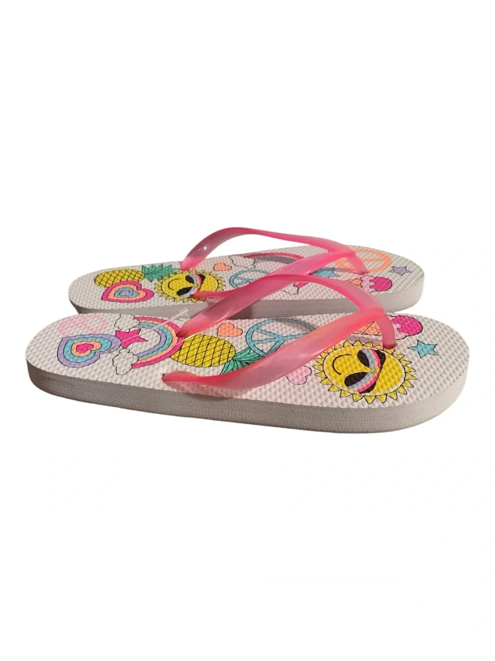 The Children's Place Pink Strap Flip Flops with Sun & Pineapple Print Girl 12/13